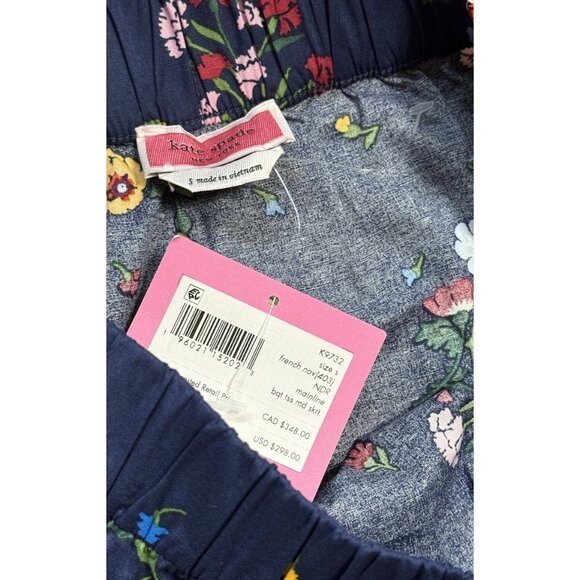 Kate Spade Sz S Skirt Blue French Navy Blue Floral Midi Cotton Pleated New NWT - Picture 3 of 4